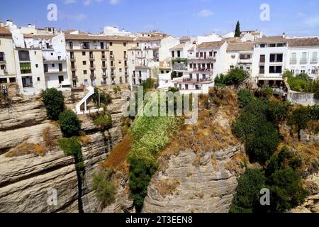 Spanien, Andalusien, Provinz Malaga, Ronda: Traditionelle andalusische weiße Häuser an der Klippe, hoch oben auf den Felsen über dem Tajo, einem 120 m tiefen B Stockfoto