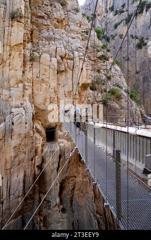 Spanien, Andalusien, Provinz Malaga, Ardales: Ort des Caminito del Rey (der kleine Weg des Königs), Wanderung auf einer Fußgängerbrücke entlang einer steilen Mauer Stockfoto