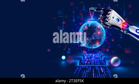Frohe Weihnachten und Neujahr Hintergrund in modernen Technologie-Stil. Weihnachtsdekoration in Cyborg Arm. Roboter Handdekoration weihnachtsbaum. AI oder ar Stock Vektor