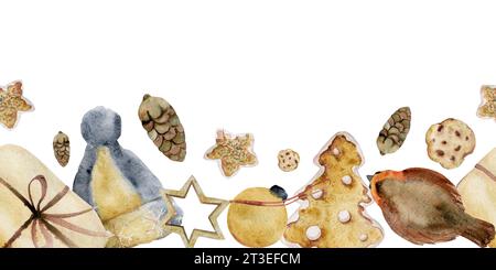 Handgezeichnete Aquarellillustration. Strickmütze aus Wolle, handwerkliche Geschenkbox, selbstgemachte Kekse, Lebkuchen, robin Vogel, Weihnachten. Nahtloses Banner isoliert Stockfoto