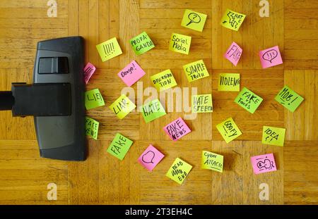 Kampf gegen Fake News Konzept, Haftnotizen mit Fake News Themen mit einem Staubsauger Stockfoto