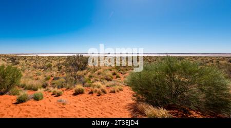 Eine Salzpfanne oder ein Salzsee in der Nähe des Mount Conner Lookout, Teil der Greater Lake Amadeus Sammlung von Salzseen im Northern Territory, Australien Stockfoto