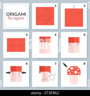 Origami-Tutorial für Kinder. Origami, süße Fliege, agarisch Stock Vektor