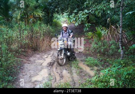 (231025) -- HAIKOU, 25. Oktober 2023 (Xinhua) -- Li Wenyong arbeitet im Gebiet Bawangling im Hainan Tropical Rainforest National Park, südchinesischer Provinz Hainan, 18. Oktober 2023. Li Wenyong ist ein Waldläufer im Hainan Tropical Rainforest National Park in der südchinesischen Inselprovinz. Er lebt im Dorf Miao in der Gemeinde Qingsong, die der Gerichtsbarkeit des Autonomen Bezirks Baisha Li untersteht, und dem nächstgelegenen Dorf in der Gegend von Bawangling. Das ist das Herz des Hainan Gibbon Country. Die Schwarzhaubenaffen sind nur in Hainan zu finden, und da sie nur selten einen Fuß auf den Boden setzen Stockfoto