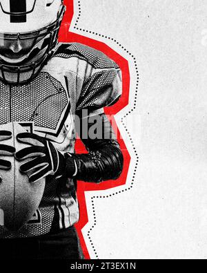 Konzentrierter American Football-Spieler, der den Ball über hellem Hintergrund hält. Gewinner. Kreatives Design. Papierstruktur Stockfoto