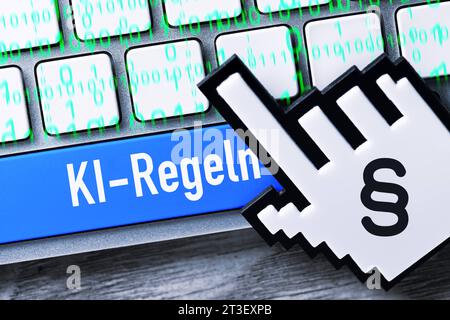 FOTOMONTAGE, Computercursor-Symbol und Computertaste mit Aufschrift KI-Regeln auf einer Computertastatur *** FOTOMONTAGE, Computercursor-Symbol und Computertaste mit Inschrift AI-Regeln auf einer Computertastatur. Stockfoto