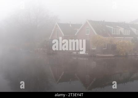 Bild des nebeligen morgens auf den Kanälen mit Herbstfarben Stockfoto