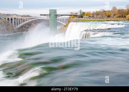 Die Wasserfälle mit Gänsen in der Nähe des Niagarafälle Aussichtsturms und der Rainbow International Bridge, Blick von Luna Islan aus Stockfoto