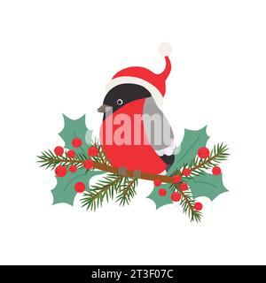 Illustration Bullfink in einem Santa Claus Hut auf Ast mit Tannenzweigen und stechpalme Jolly. Stock Vektor