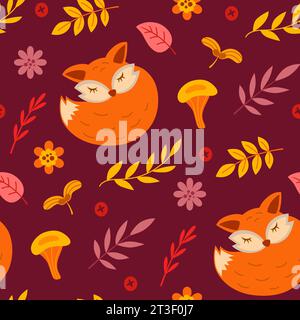 Nahtloses Herbstmuster mit niedlichem Fuchs und fallenden Blättern. Dekorativer Hintergrund. Stockfoto