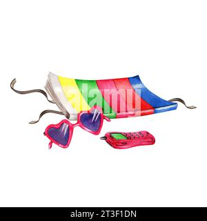 Komposition mit Magazin, rosa herzförmige Kunststoff-Sonnenbrille und Handy. Urlaub im Retro-Stil, bereit zum Drucken. Handgezeichnetes Wasserkol Stockfoto