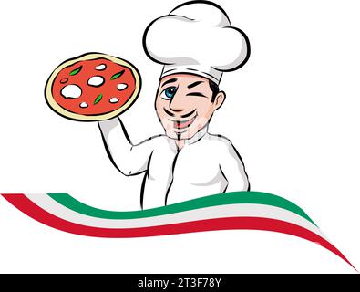 Der italienische Cartoon-Koch präsentiert eine köstliche gebackene Pizza vor einer italienischen Flagge Stock Vektor
