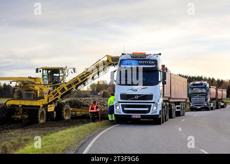 ROPA Euro-Maus-Reiniger-Lader beladen geerntete Zuckerrüben auf Volvo FH-Lkw-Anhänger, ein weiterer Volvo-Lkw wartet. Salo, Finnland. Oktober 2023. Stockfoto