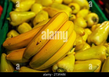 Bananen auf grünen Paprika in einer Schachtel Stockfoto