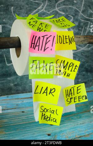 Kampf gegen Fake News Konzept, Haftnotizen mit Fake News Themen auf einer Rolle Toilettenpapier Stockfoto