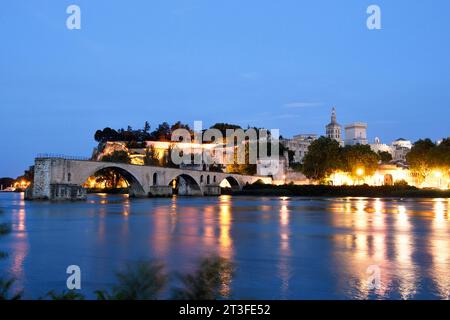 Frankreich, Vaucluse, Avignon, Saint Benezet Brücke auf der Rhone aus dem 12. Jahrhundert mit im Hintergrund Dom Der Dom aus dem 12. Jahrhundert und den Päpstlichen Palast der UNESCO Weltkulturerbe Stockfoto