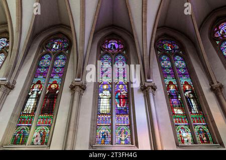 Frankreich, meurthe et Moselle, Nancy, Kapelle des Klosters der Dominikaner von Nancy, erbaut 1861 im neogotischen Stil von Architekt Corrard des Essarts, nachdem der dominikanerorden in Frankreich von Vater Henri Dominique Lacordaire im Jahre 1843 restauriert wurde. Buntglasfenster, die von links nach rechts die St. Katharina aus Sienna, Saint Francois d'Assise, Saint Thomas d'Aquin, Saint Augustin, Saint Stephane und Saint Pierre aus Verona darstellen, vom Glasmeister Louis Bordieu aus Toulouse im Jahr 1867 Stockfoto