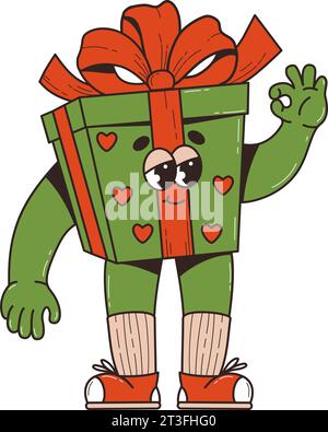 Weihnachtsgeschenk mit Retro-Zeichentrickfigur. Nostalgische 60-70er Jahre Vibes grooviger festlicher Charakter. Vektorabbildung. Frohe Weihnachten und frohes neues Jahr Stock Vektor