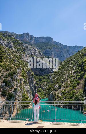 Frankreich, Alpes-de-Haute-Provence, regionaler Naturpark Verdon, Verdon Grand Canyon, Verdon Schluchten Blick von der Brücke an der Mündung des Sees Sainte-Croix Stockfoto