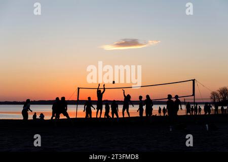 Kanada, Provinz Québec, Region Outaouais, Stadt Gatineau, Aylmer Sektor, Beachvolleyballspiel am Yachthafen bei Sonnenuntergang Stockfoto
