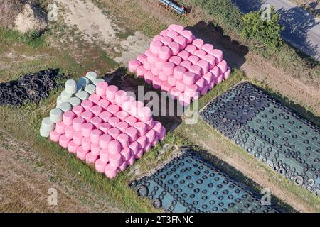 Frankreich, Vendee, Coex, Heuballen in rosa Folie gewickelt (Luftaufnahme) Stockfoto