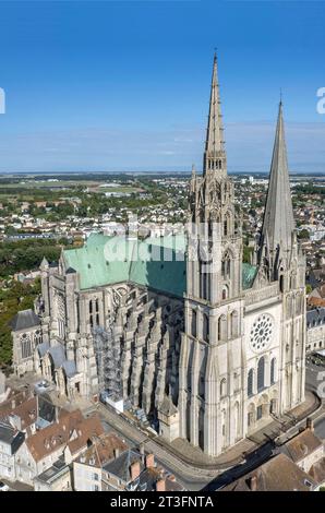 Frankreich, Eure et Loir, Chartres, Notre Dame Kathedrale von Chartres als World Weltkulturerbe von der UNESCO (Luftbild) Stockfoto