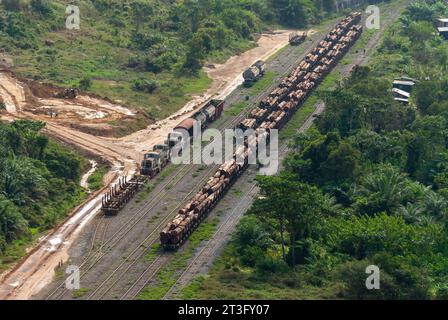 Gabun, Libreville, Estuaire District, Rangierbahnhof, Baumstämme, Holzindustrie, Zug, Transgabonais (Luftaufnahme) Stockfoto