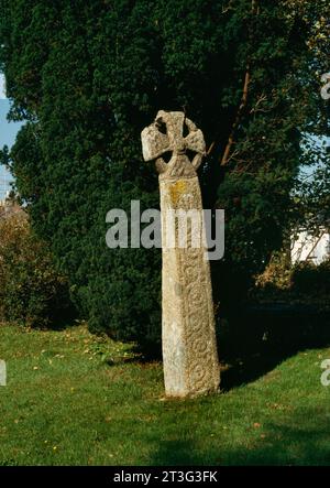 E Gesicht eines spätsächsischen (um 10.) Radkreuzes W der Kirche in Lanivet, Cornwall, England, Großbritannien, mit Rollenarbeiten auf dem Granitschaft. Stockfoto