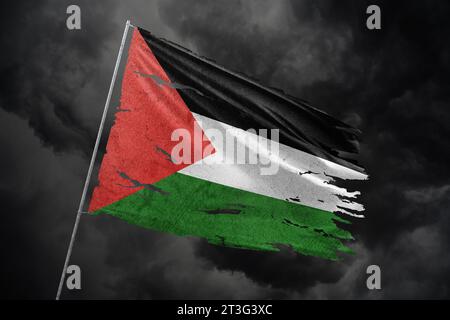 Palästina zerrissene Flagge auf dunklem Himmel Hintergrund. Stockfoto