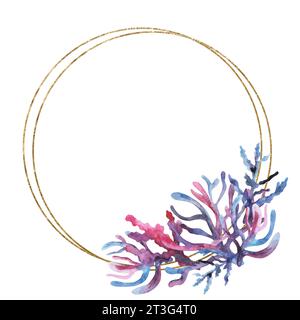 Runder goldener Rahmen mit Aquarell und goldenen Algen, Muscheln und Korallen, isolierter Illustration, Kopierraum. Helles Element für Grußkarten, Su Stockfoto