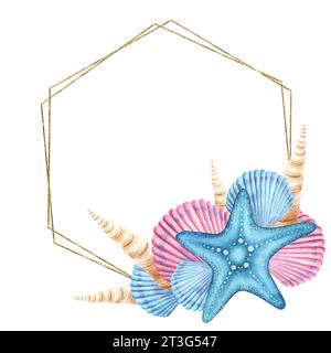 Aquarellrahmen aus Sternenfischen und Muscheln isoliert. Unterwasser-Element, Illustration für Grußkarten, Sommer Strand Hochzeit Invita Stockfoto