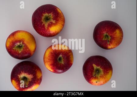 Eine Gruppe von gelben roten Äpfeln bedeckt die Oberseite. Frische Bio-Früchte und Bild des Herbsternthintergrunds Stockfoto