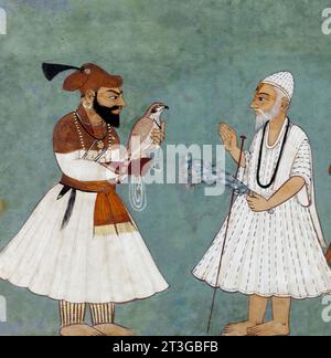 Guru Gobind Singh (* Gobind das, 1666–1708). Imaginated Meeting of Guru Gobind Singh and Guru Nanak, Illustration um 1700-1720 Stockfoto