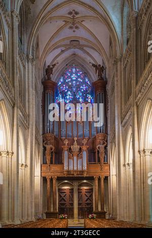 Frankreich, Manche, Cotentin, Coutances, 11. Und 13. Jahrhundert Kathedrale unserer Lieben Frau von Coutances, die große Orgel von 1724 Stockfoto