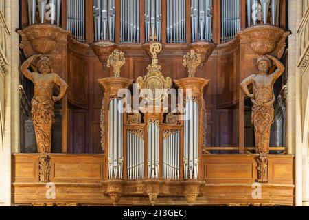 Frankreich, Manche, Cotentin, Coutances, 11. Und 13. Jahrhundert Kathedrale unserer Lieben Frau von Coutances, die große Orgel von 1724 Stockfoto