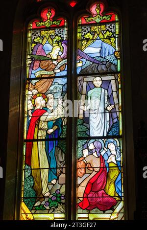 Frankreich, Meurthe et Moselle, Pagny sur Moselle, Kirche Saint Martin im 15. Jahrhundert im extravaganten gotischen Stil erbaut, Buntglasfenster im Jahr 1928 von dem Glasmeister von Nancy Jacques Gruber, das die Wiederauferstehung von Lazare darstellt Stockfoto