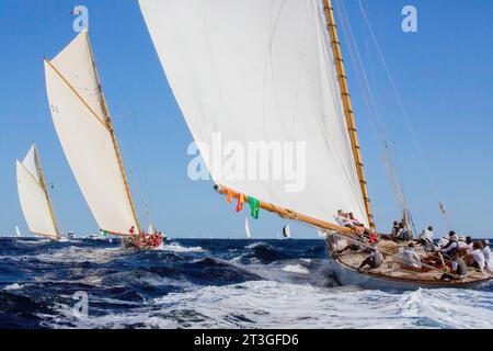 Frankreich, Var, Saint Tropez, Voiles de Saint Tropez 2017, Manöver mitten im Rennen der klassischen Yachten: auf dem Weg zur Offshore-Boje liegt HISPANA (D5) nahe hinter TUIGA (D3) Stockfoto