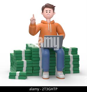 3D-Illustration eines lächelnden Geschäftsmannes Qadir, der mit einem Computer arbeitet, auf einem Bündel Geld sitzt.3D-Rendering auf blauem Hintergrund. Stockfoto