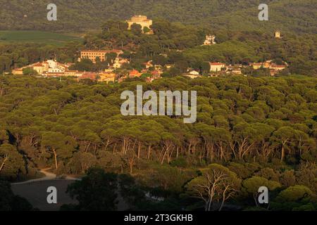 Frankreich, Var, Iles d'Hyeres, Port Cros Nationalpark, Porquerolles Insel, das Dorf, Fort de Sainte Agathe und Moulin du Bonheur Stockfoto