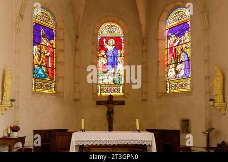 Frankreich, Meurthe et Moselle, Pays du Saintois (Region der Saintois), Ceintrey, Kirche Saint Remy, erbaut im 18. Jahrhundert, Buntglasfenster des Chors, die von links nach rechts den Heiligen Karl Borromée darstellen, der die Gemeinschaft mit den Menschen, die an der Pest in Mailand leiden, Jesus Christus macht das Zeichen des Segens, der Heilige Remy und die Taufe von König Clovis, Statuen der Jungfrau Maria links und das Heilige Herz Jesu rechts Stockfoto