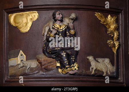 Frankreich, Territoire de Belfort, Phaffans, Kirche Notre Dame de l Assomption aus dem 18. Jahrhundert, Kanzel, Platte Stockfoto