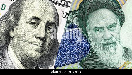 Porträt von Franklin auf der Banknote american Dollars und Ayatollah Khomeini auf iranischen Rials. Geschäftskonzept von Wechselkurs, Börse, trad Stockfoto