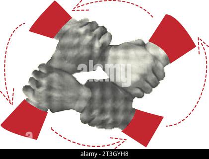 Vier verschiedene Menschen halten sich gegenseitig die Handgelenke im Kreis. Draufsicht. Menschliche Halbtonhände verriegelt. Isoliert auf weißem Hintergrund. Concept 4 – Handmontage Stock Vektor