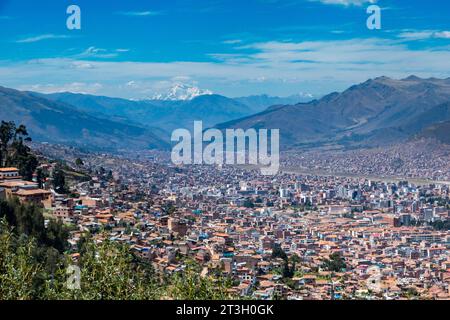 Blick aus der Vogelperspektive auf die Stadt Cusco Stockfoto