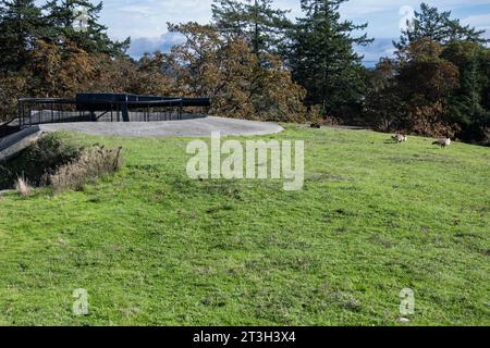 Kanone und Stellplätze in Fort Rodd Hill & Fisgard Lighthouse National Historic Site in Victoria, British Columbia, Kanada Stockfoto