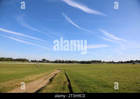 Cirrus Clouds in großer Höhe über den Reifenpisten in Grass Epsom Downs Racecourse Surrey England Stockfoto