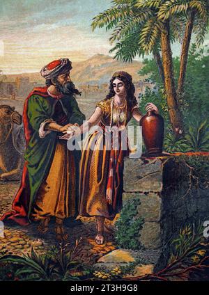 Bibelgeschichten - Illustration von Rebekah, der Abrahams Diener Eliezer Wasser am Brunnen in der Geschichte von Isaak Genesis anbietet Stockfoto
