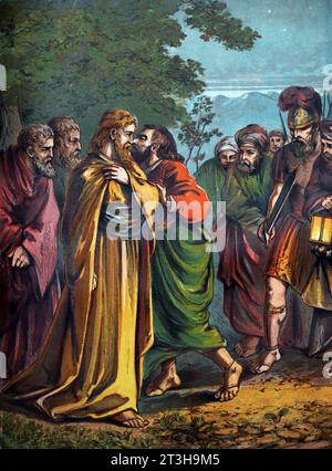 Bibelgeschichte Illustration des „Judas-Kusses“ im Garten des Neuen Testaments von Gethsemane (Mark) Markusevangelium Stockfoto