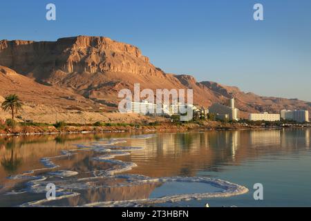 Die Ferienorte am Toten Meer in Israel. Blick auf das Hotel und den Strand. Das Tote Meer, Israel. Stockfoto