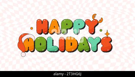 Weihnachten grooviges Poster Happy Holiday. Noel Hut und Hörner. Farbiger Textaufkleber. Stock Vektor